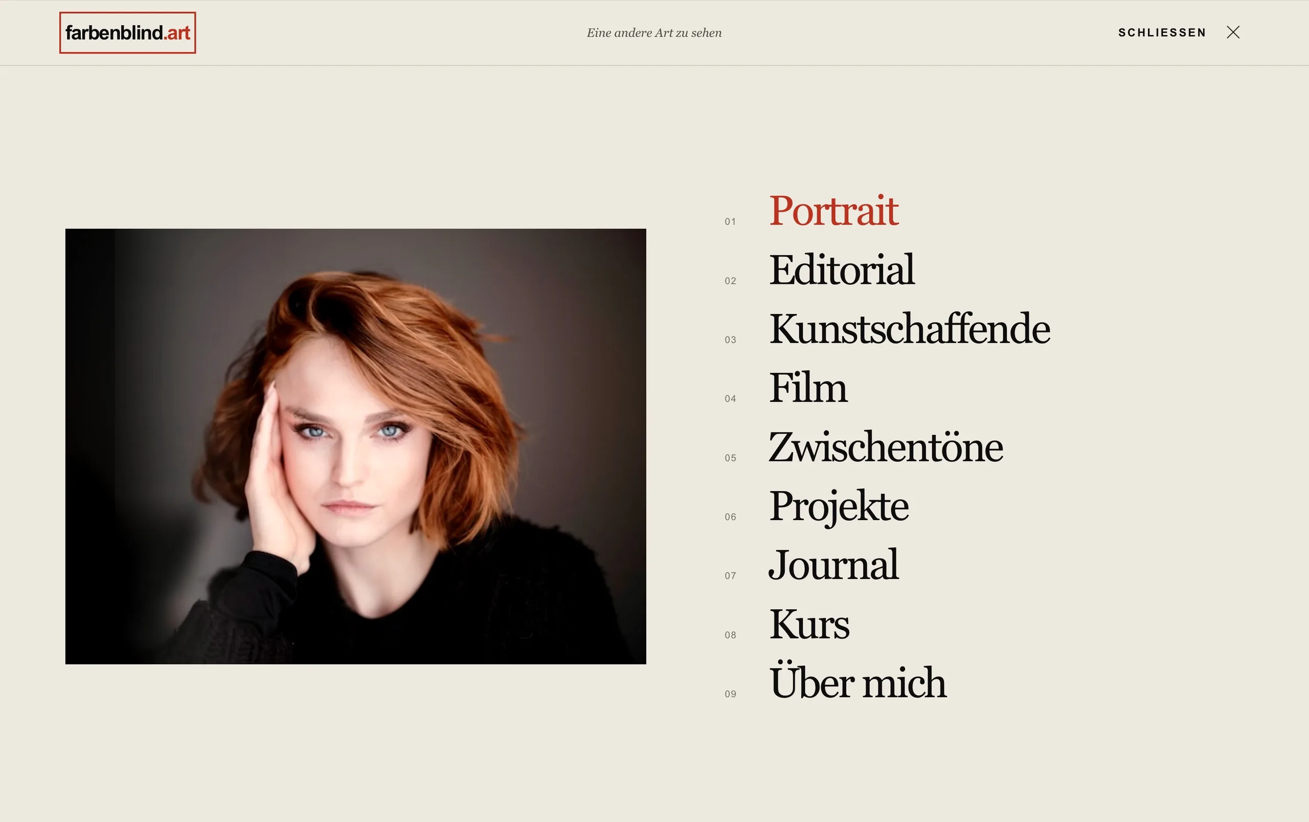Screenshot Fotografen-Webseitenmenu von www.farbenblind.art